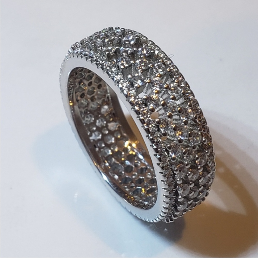 New CZ Gold Plated 925 Sterling Silver Ring, Lattice Art Deco Eternity Band.